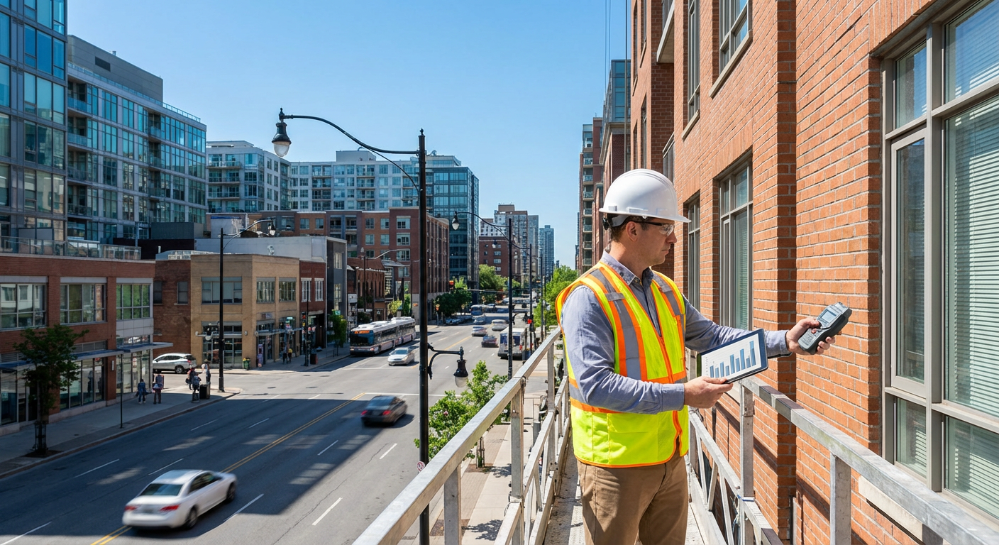 Professional engineer conducting an exterior building envelope inspection on an Alberta condominium complex, using measuremen
