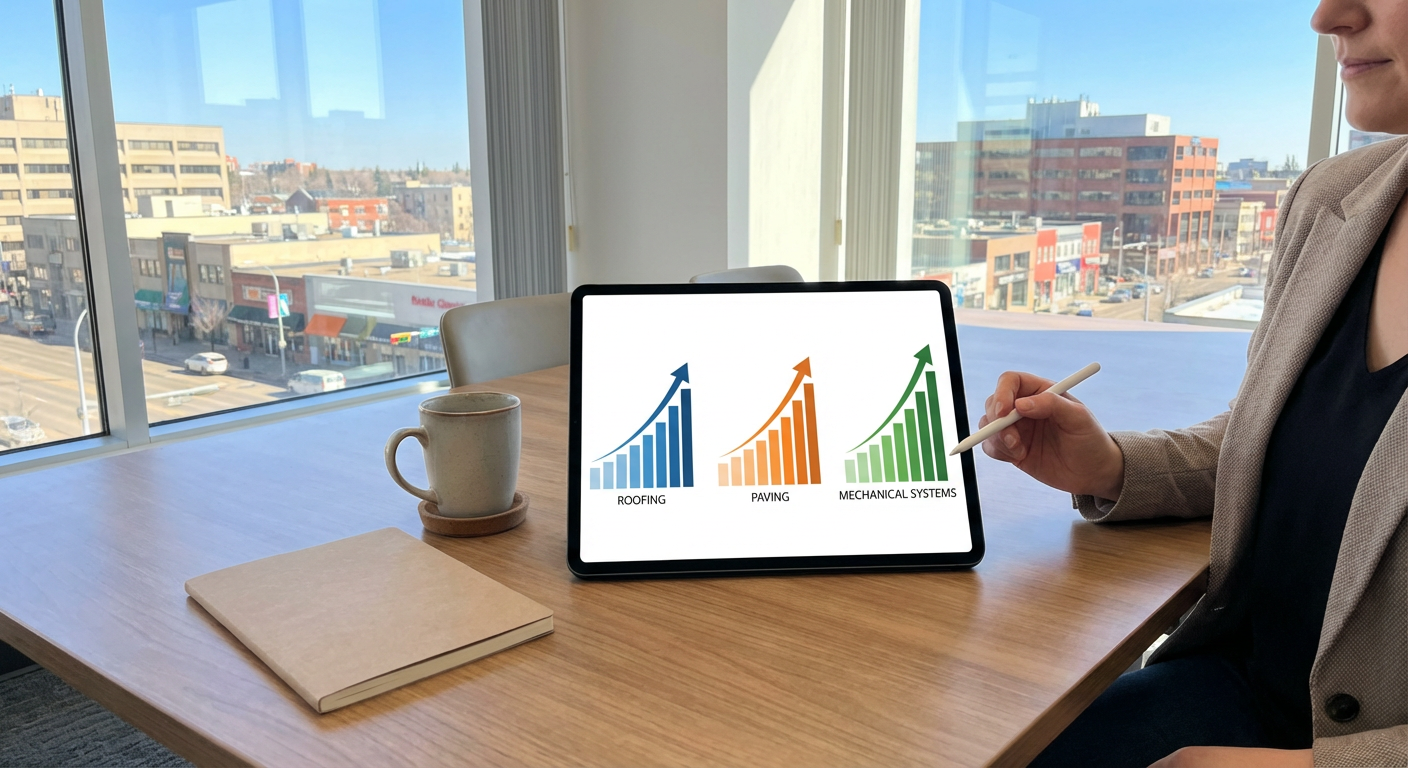 Illustration of rising cost trends for roofing, paving and mechanical systems, shown on a tablet in a condo board meeting