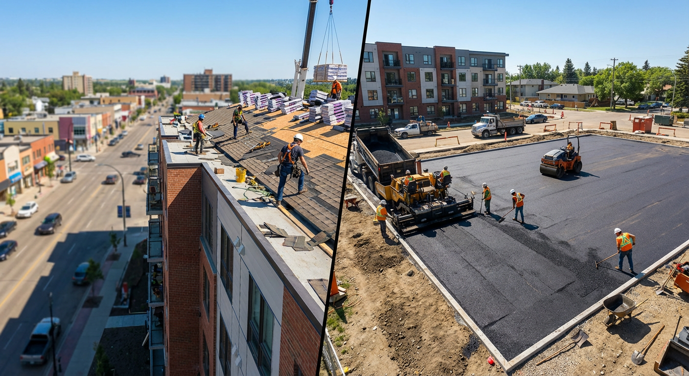 Split-screen image showing construction work in progress on an Alberta condo building - one side showing roofing replacement,