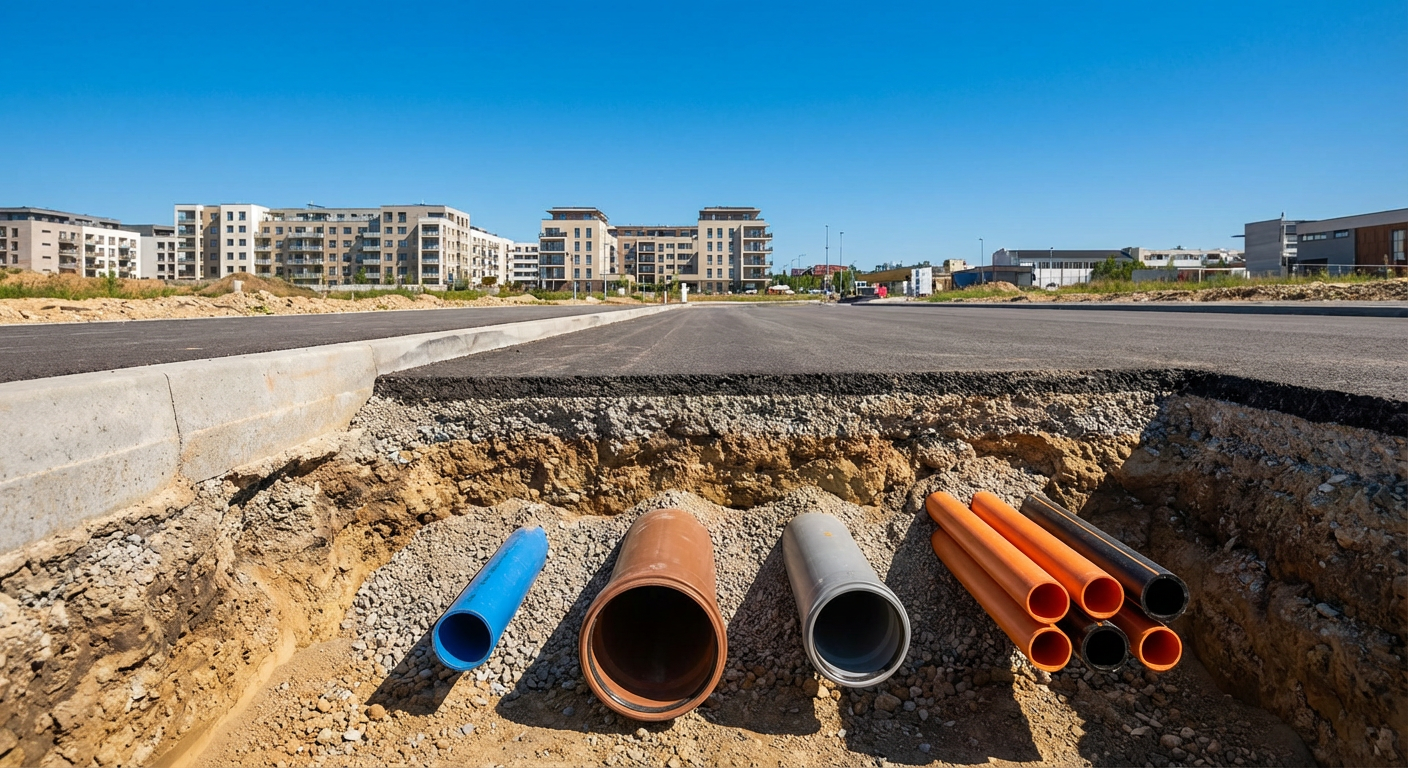 Cross-section illustration showing underground infrastructure beneath a private road in a bare land condominium, including wa