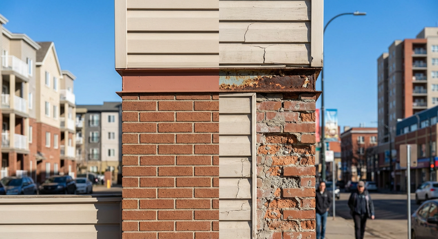 Close-up comparison showing healthy versus deteriorated building envelope components including cracked vinyl siding, spalling