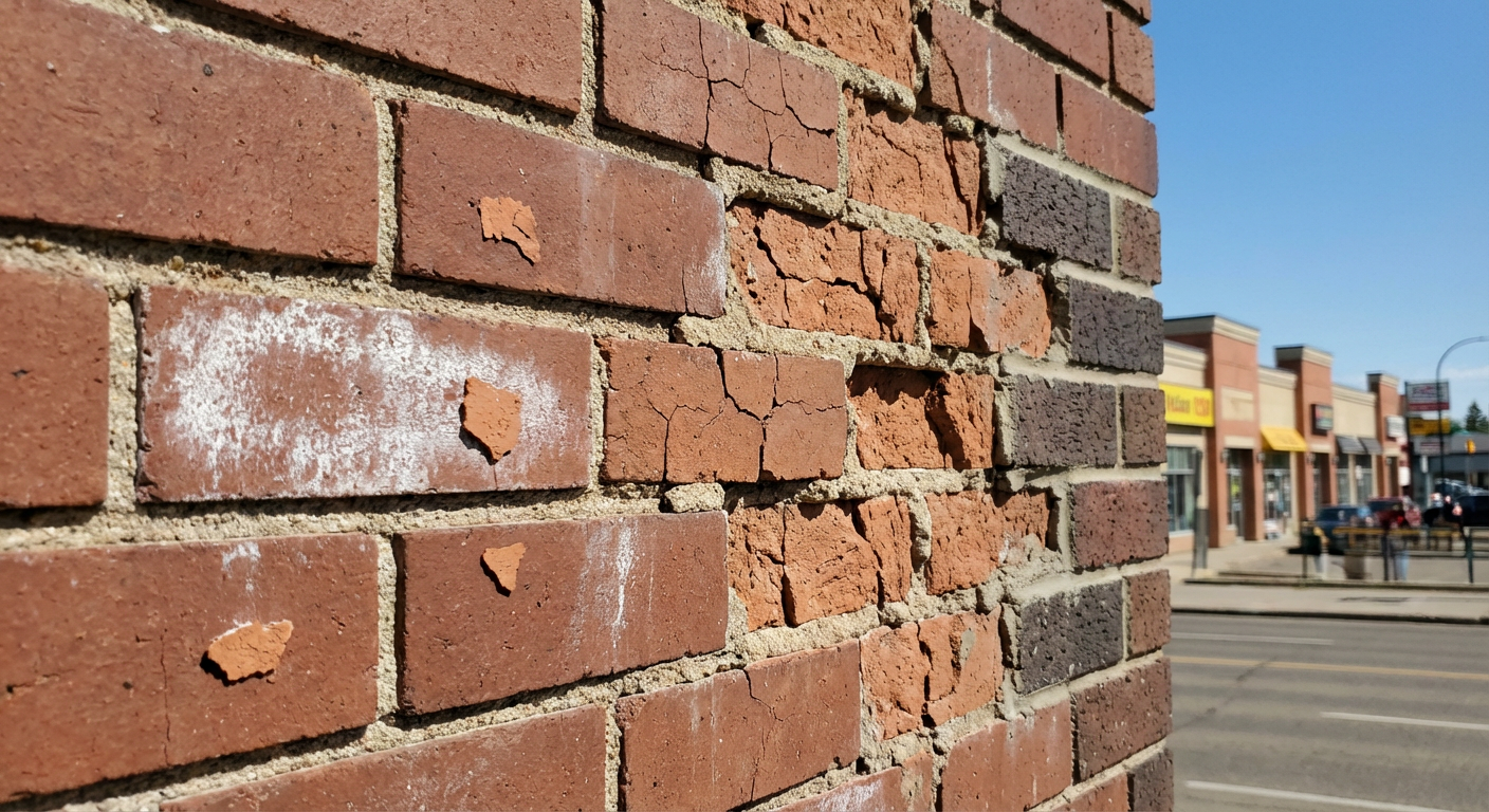 Detailed view of brick masonry showing progressive stages of deterioration from efflorescence and minor spalling to severe fr