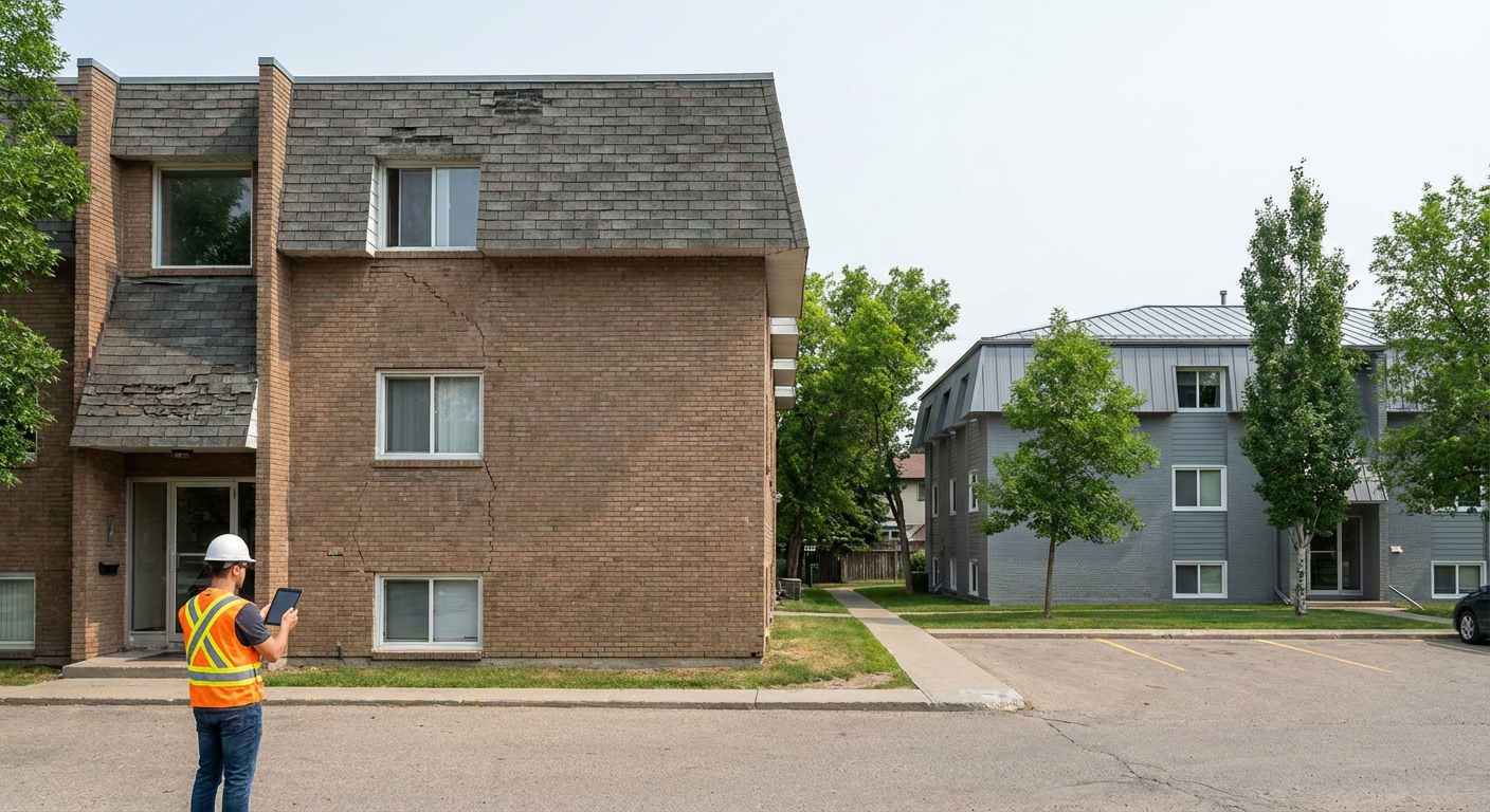Engineer in a hard hat and safety vest assessing a three-storey brick condominium in Alberta with step cracking in the masonry and worn asphalt shingles above the upper windows